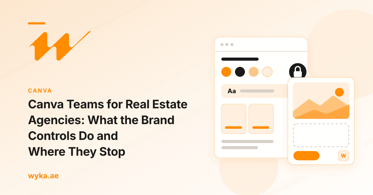 Cover for Canva Teams for Real Estate Agencies: a generic design-editor panel with brand colour swatches and a padlock, beside a property post card whose price and details area is an empty dotted box.
