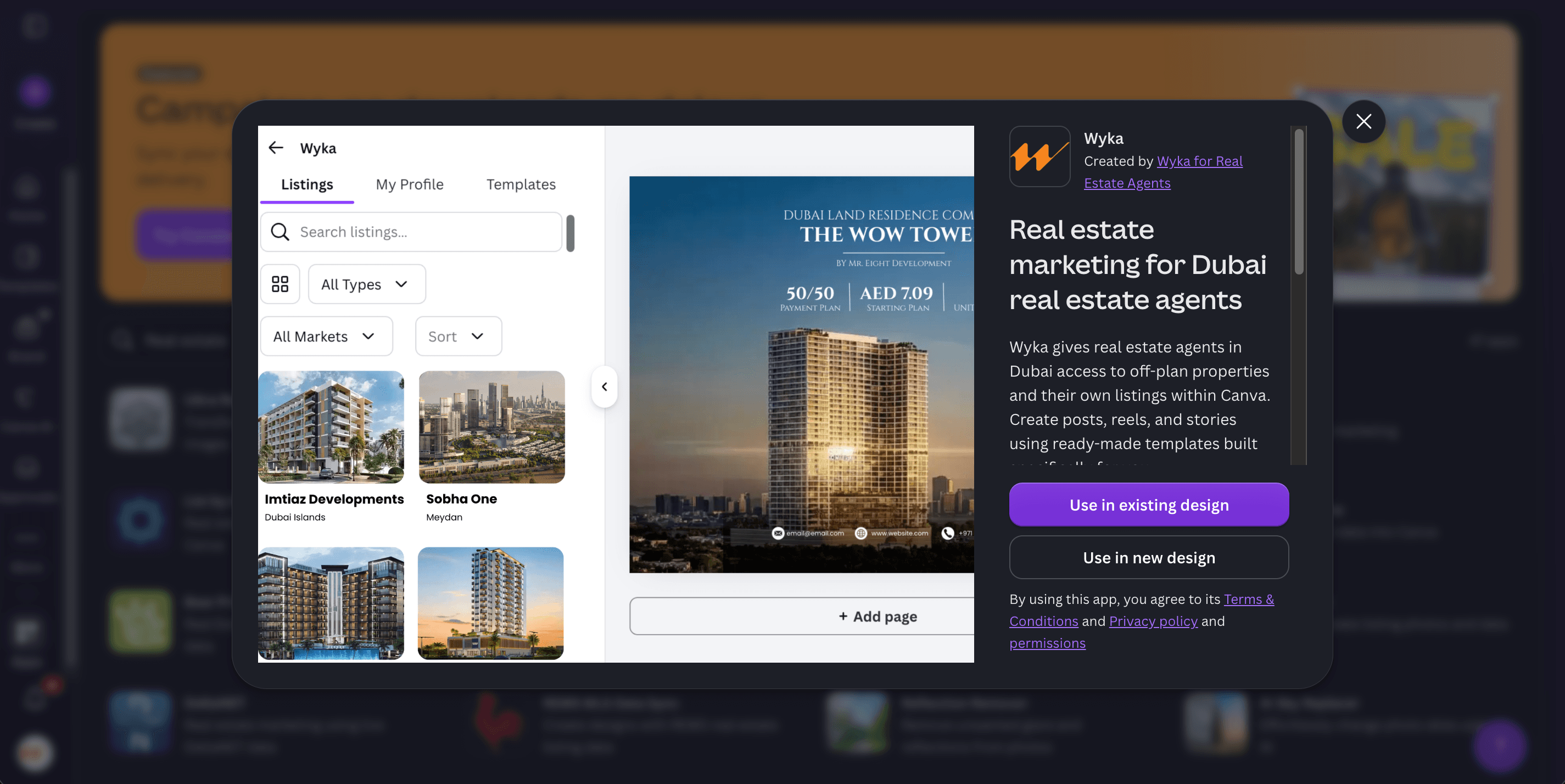Wyka open inside Canva — a Dubai listing and the agent's branding flowing into a template.