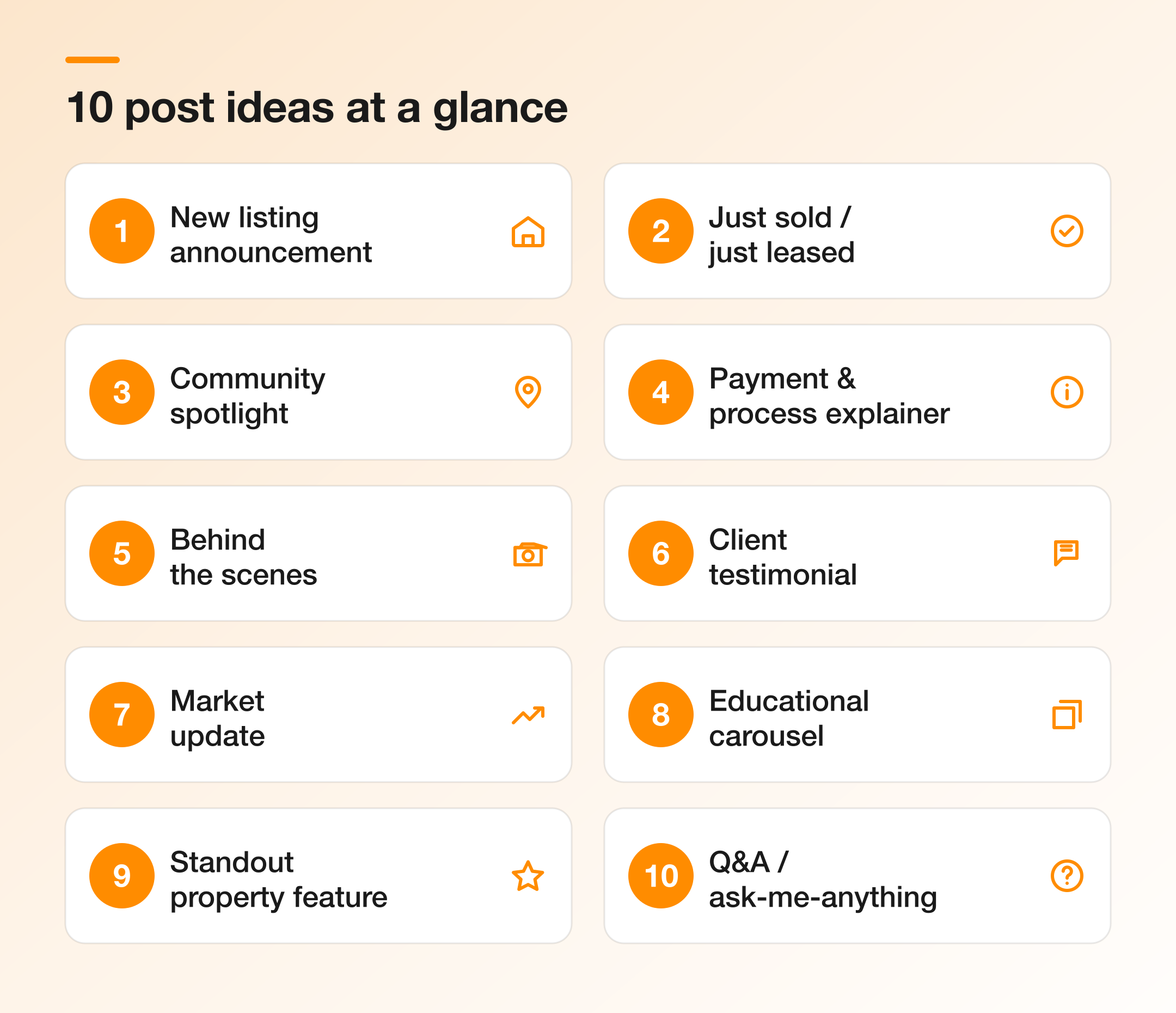 Numbered grid of ten Instagram post ideas for Dubai real estate agents: new listing announcement, just sold or just leased, community spotlight, payment and process explainer, behind the scenes, client testimonial, market update, educational carousel, standout property feature, and Q&A / ask-me-anything.